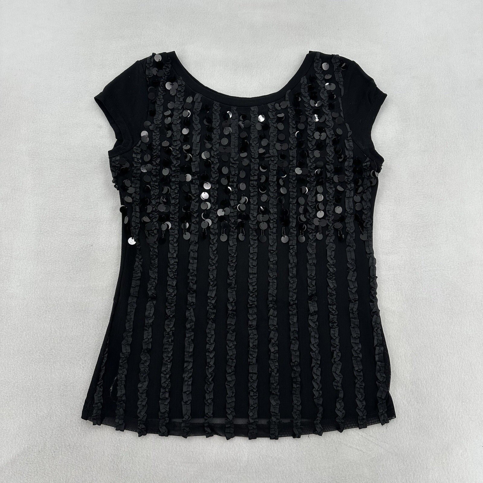 Lauren Michelle Black Sequin Ruffle Front Cap Sleeve Top Medium Cocktails Party