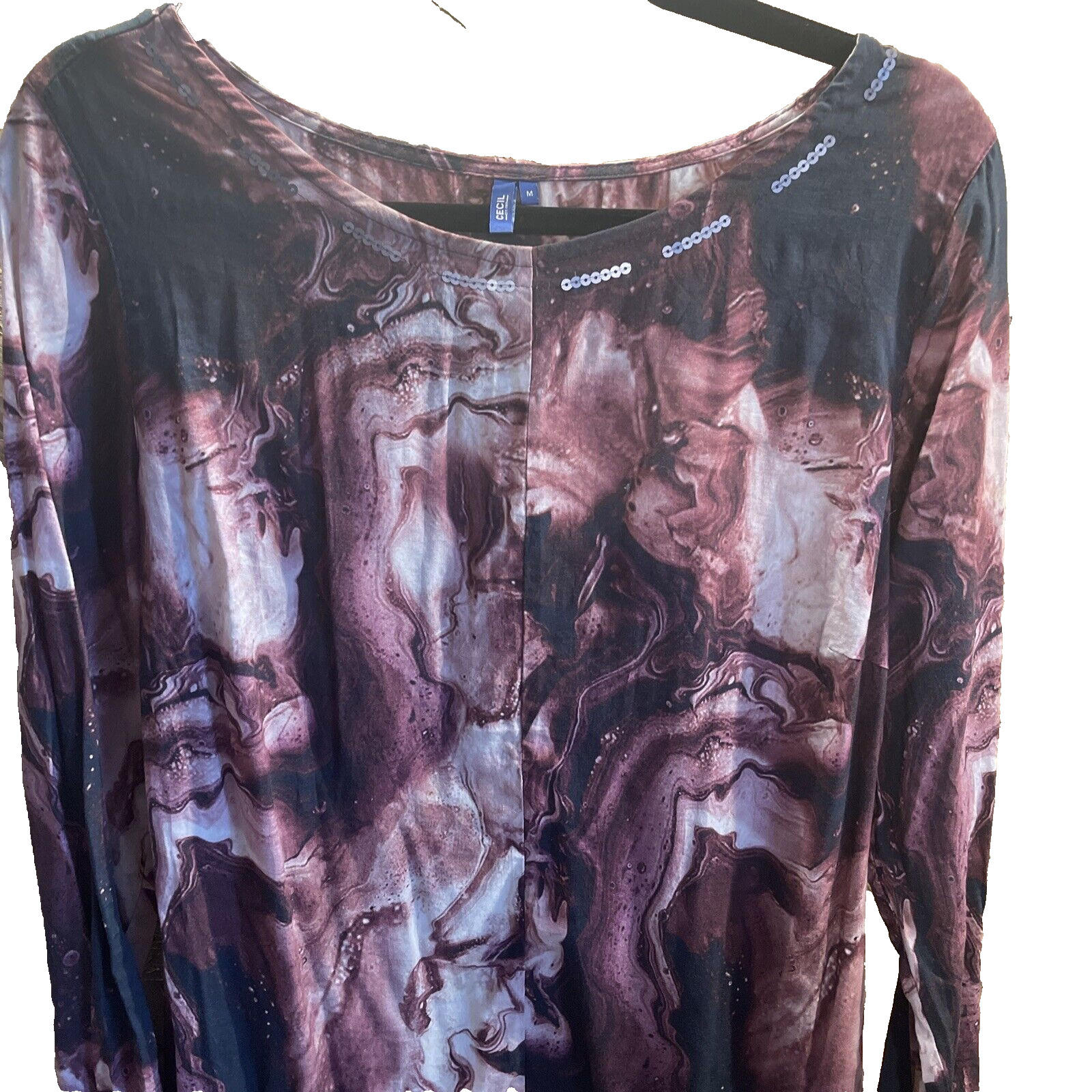 CECIL Women’s Long Sleeve Blouse Sz Medium Marbled Purple Sequin Trim Tunic Top