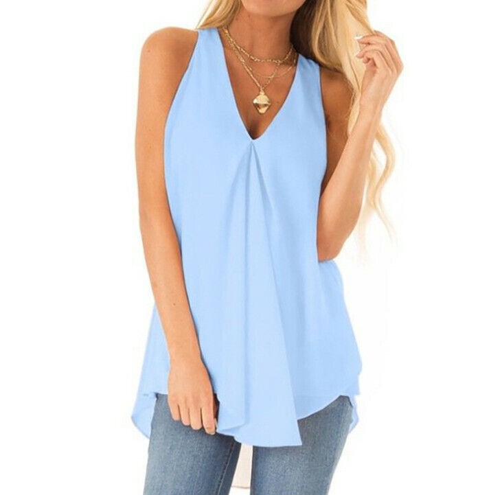 Women Chiffon Casual Loose Sleeveless Blouse V Neck Summer Tunic Tank Tops Shirt