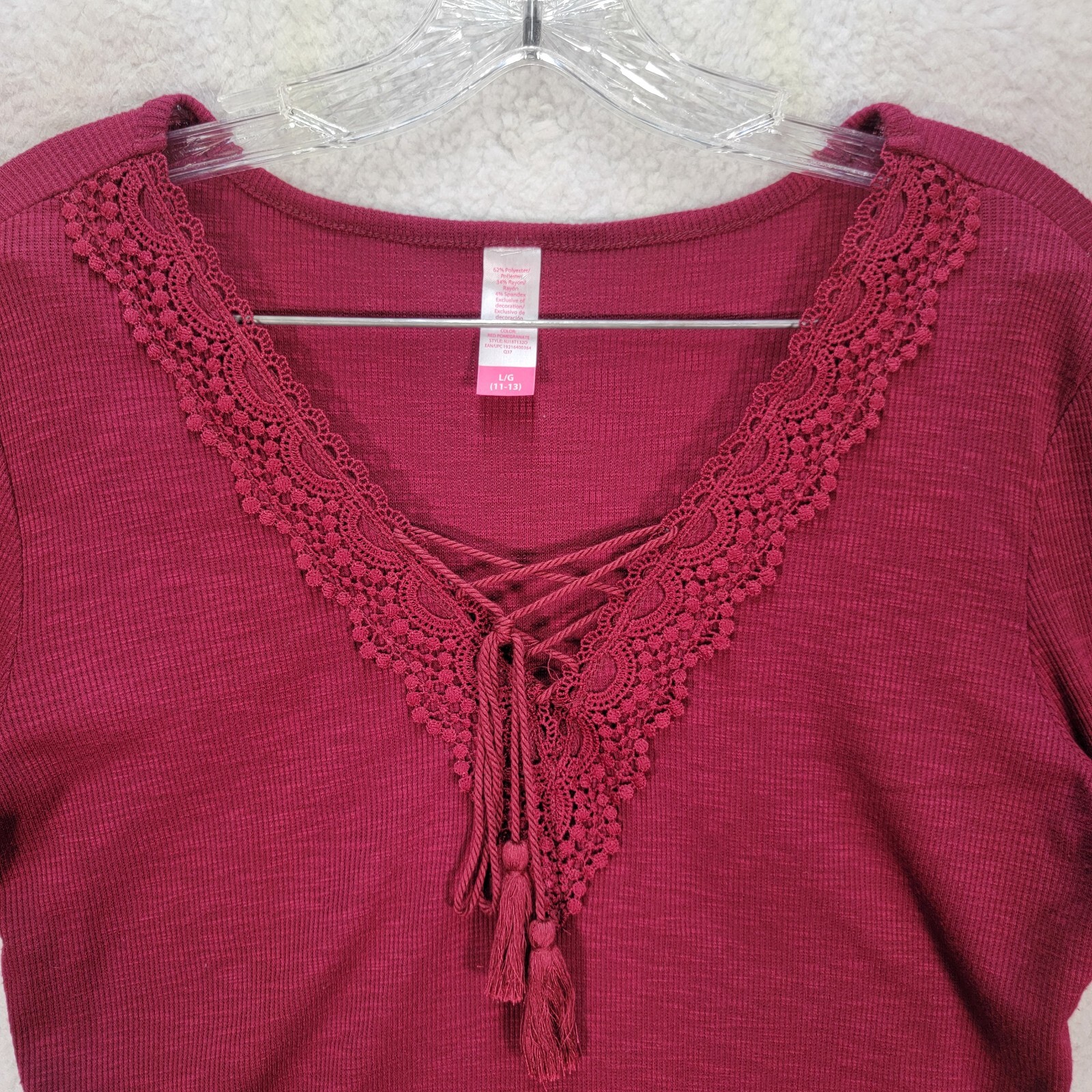 Burgundy Knit Womens Top Stretch Tassel V Neck Flare Sleeve Casual Blouse Size L
