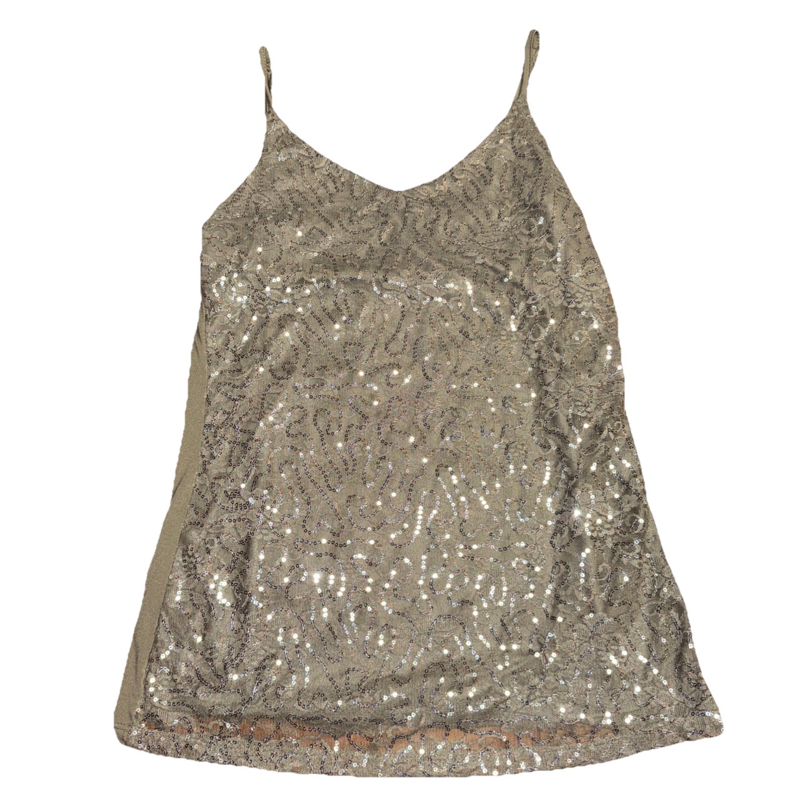 Vanity Essentials Silver Sequin Lace Cami Top Y2K Aesthetic Size Large Babydoll
