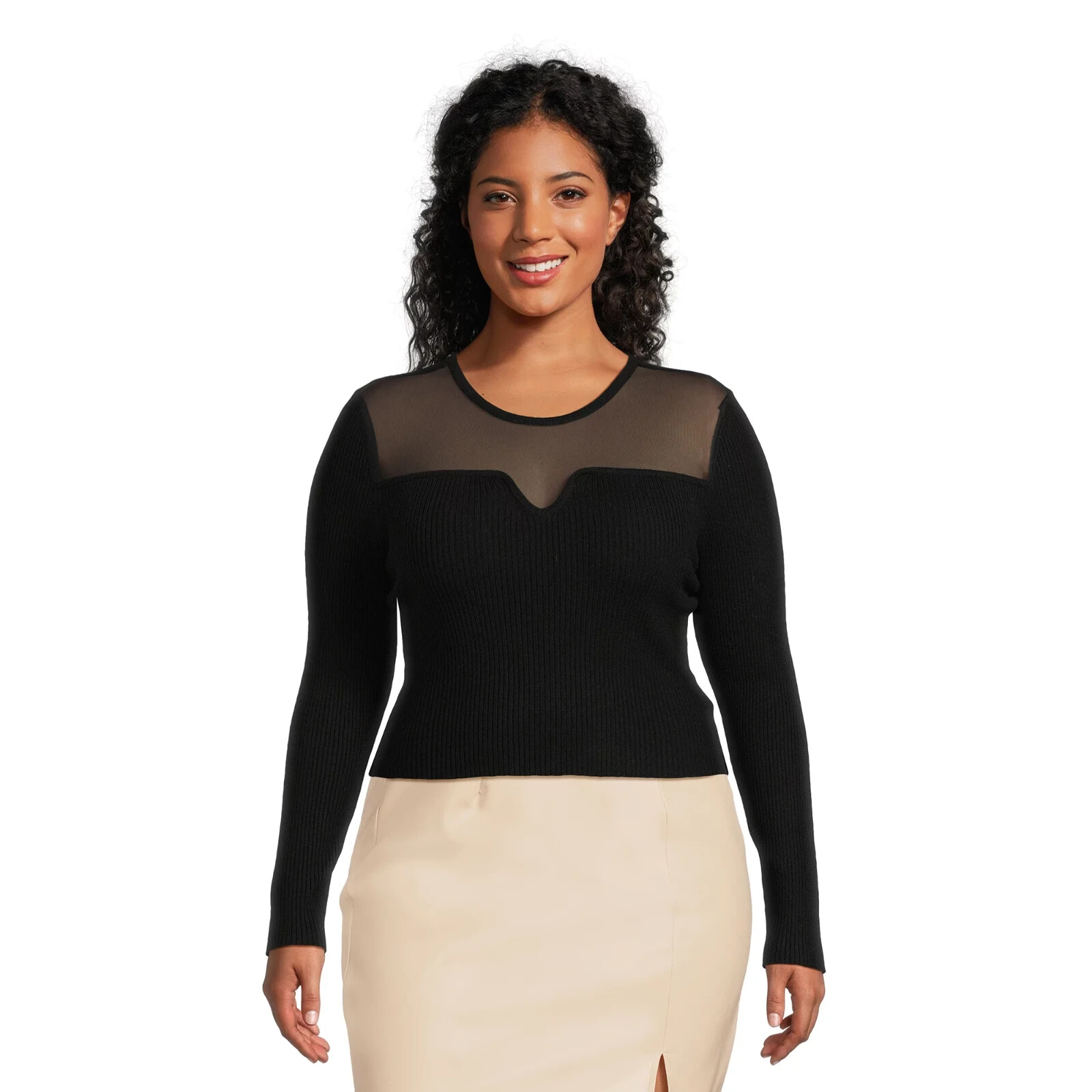 Madden NYC Juniors Plus Mesh Sweater Top Women’s 2X Black Rayon Longsleeve Solid