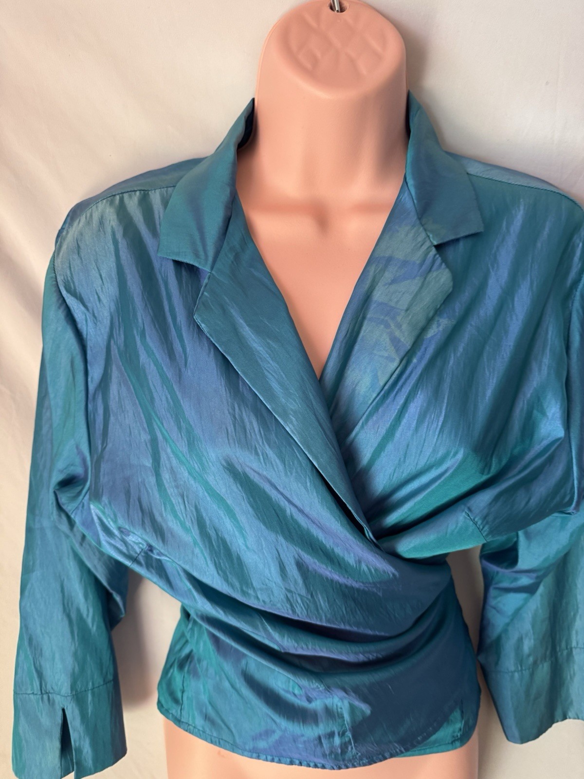 Ellen Tracy Blouse Size 16 Long Sleeve Teal Top Wrap Around