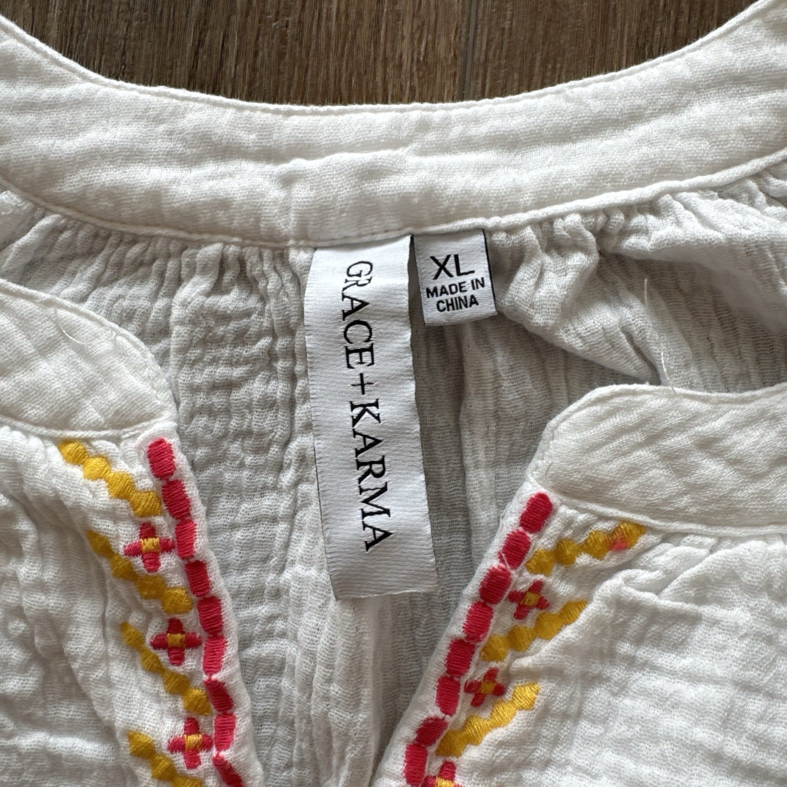 Grace + Karma Boho Blouse Top XL Embroidered White Gauze Cotton Festival E6