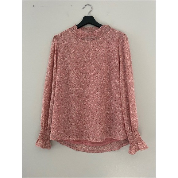 Caroline Morgan Blush Pink Leopard Print Smocked High Neck Blouse Size 10