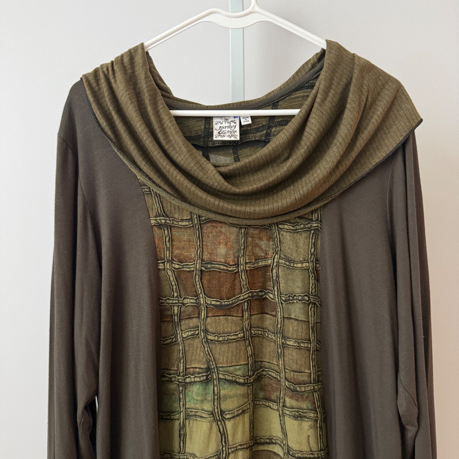 Parsley & Sage Lagenlook Quirky Cowl Neck Long Sleeve Tunic Top 1X Green Brown