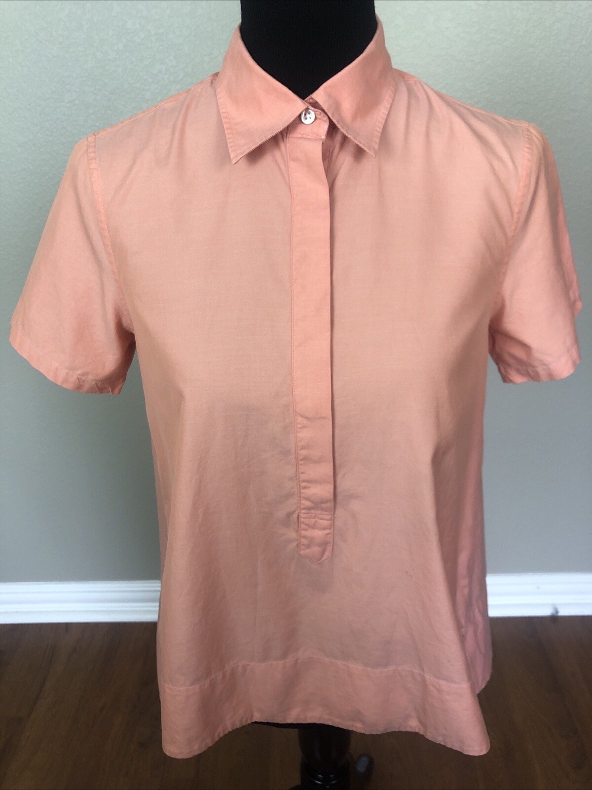 Ann Mashburn Sz M 38 100% Cotton Poplin Collared Popover Top Blouse SS Coral EUC