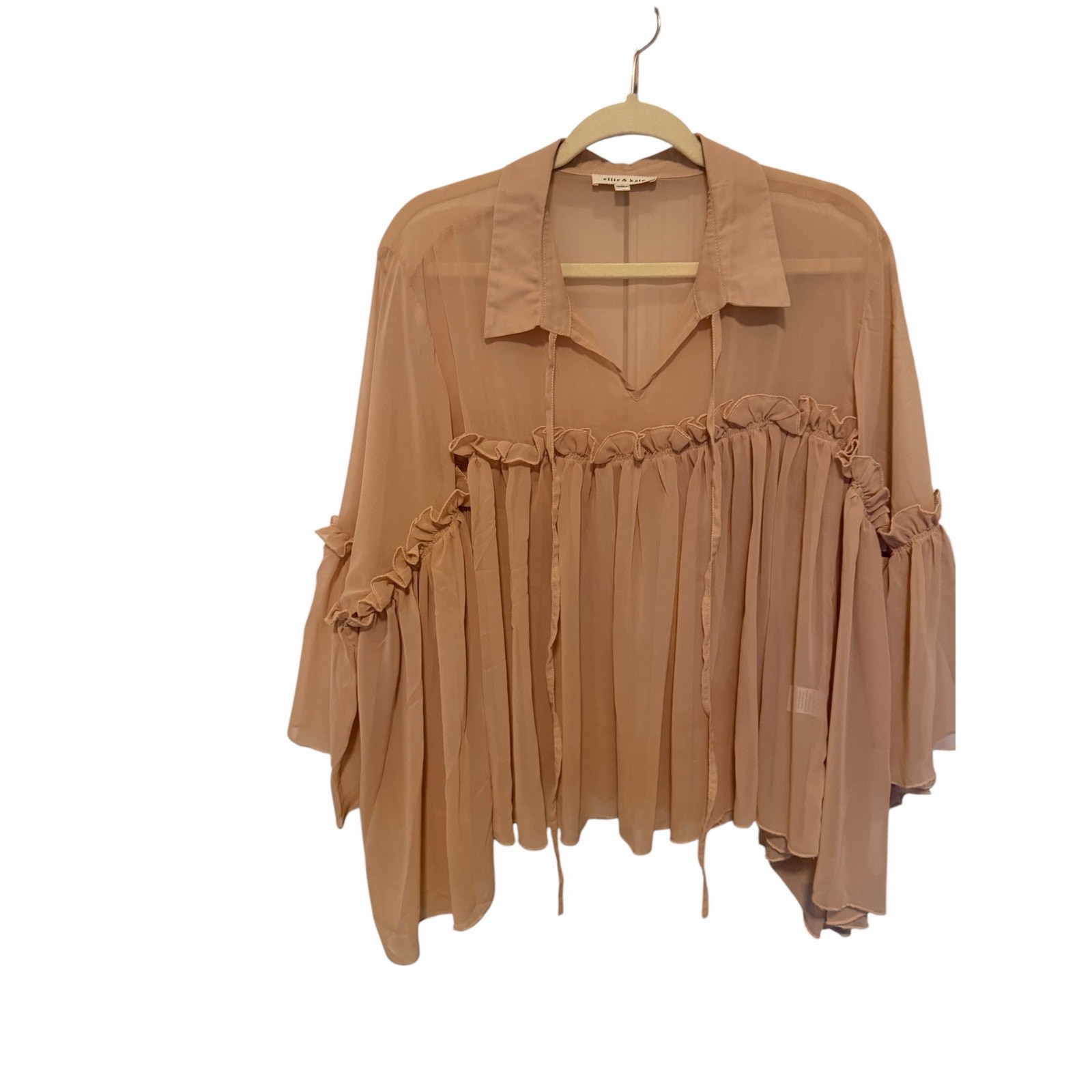 Ellie & Kate Women’s Small Light Pink Sheer Long Sleeve Tasseled Collar Blouse