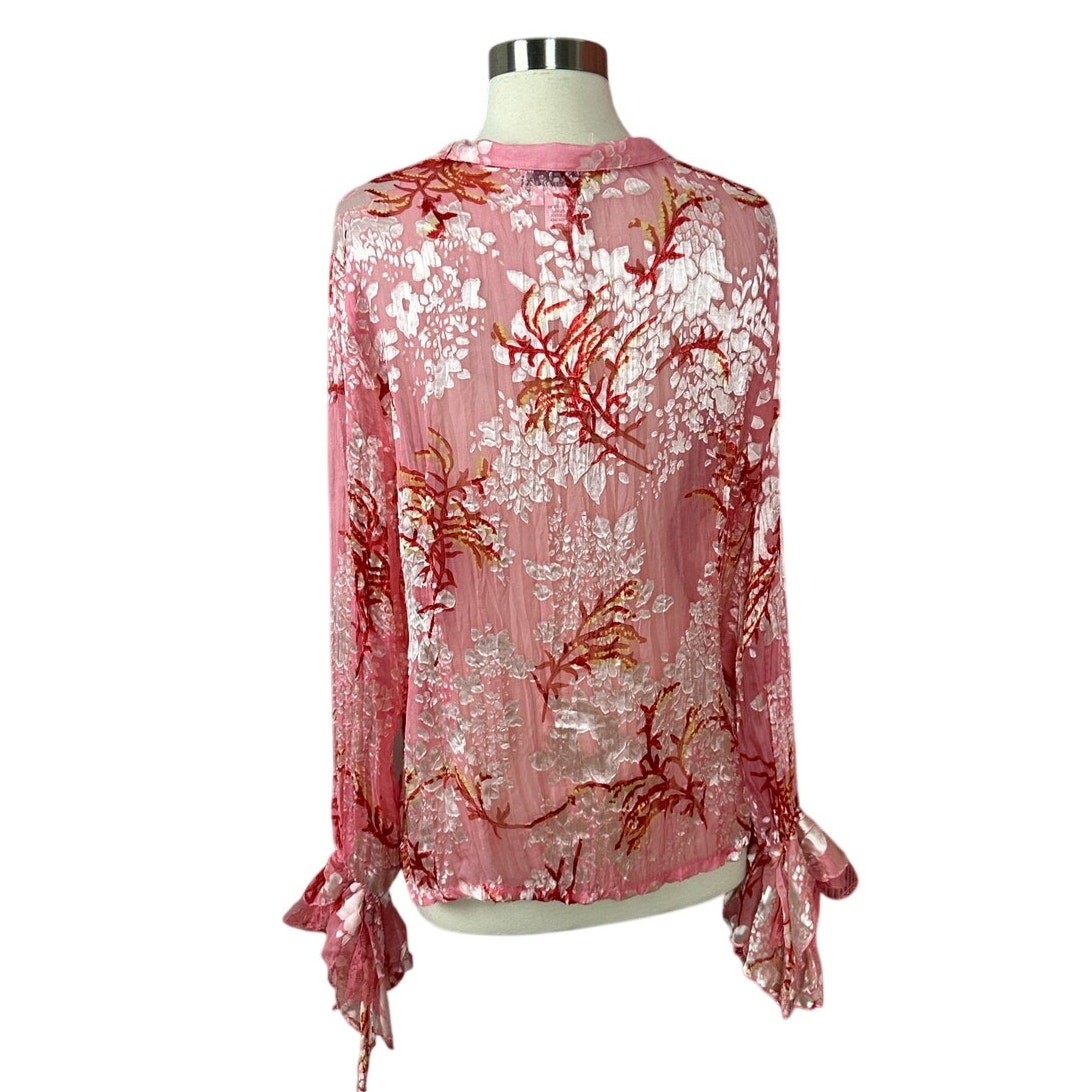 Y2K Fantazia Pink Lace Blouse Victorian Silk Blend Sheer Whimsy Womens Size XL