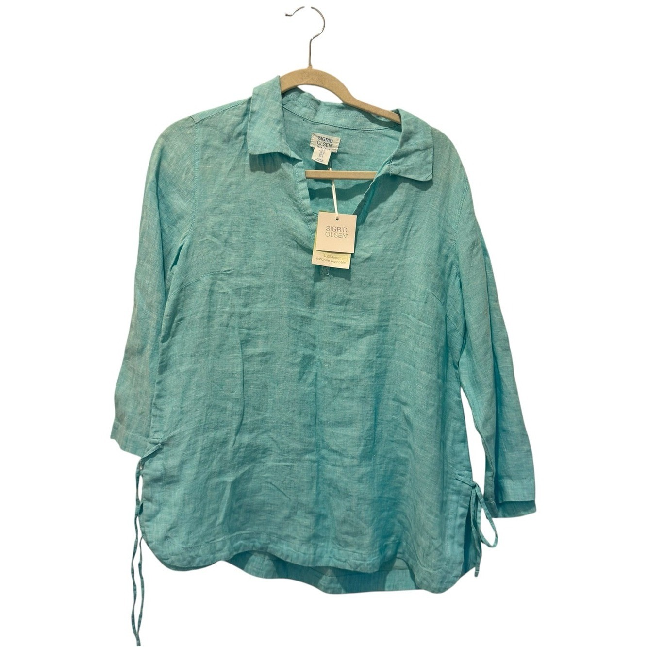 Sigrid Olsen V-Neck 100% Linen Women’s Tunic Top Size S Lagenlook Coastal