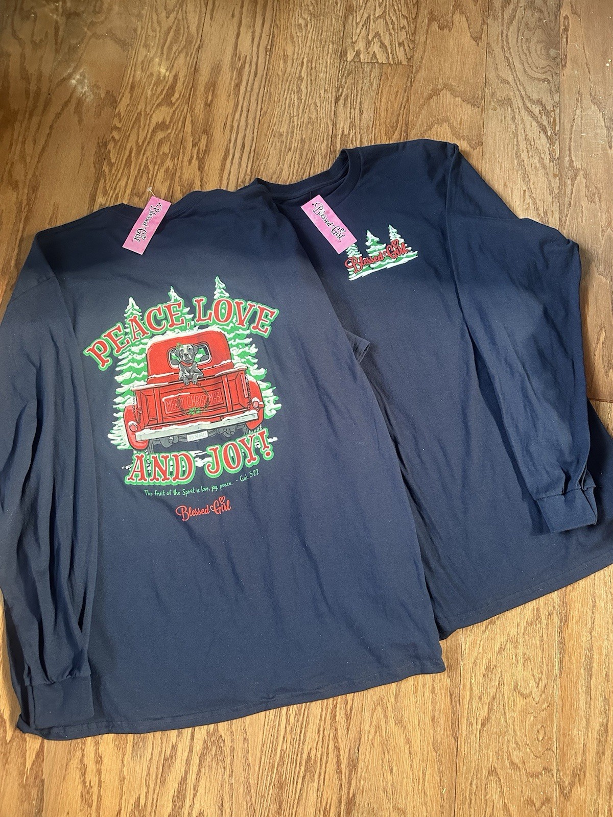 “Blessed Girl” Christmas Tee Shirt~X-Large~Peace, Love, Joy, Navy, Gal. 5:22
