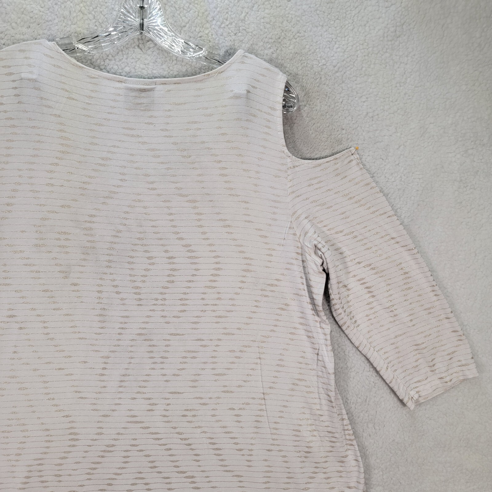 JM Collection Womens Top Size L White Striped Stretch Knit Cold Shoulder Blouse