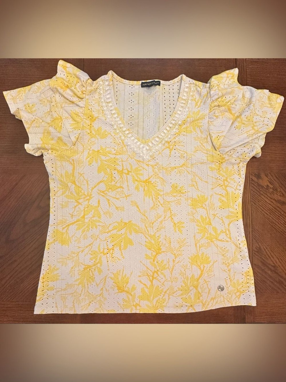Adrienne Vittadinni Yellow Floral V-Neck Eyelet Tee with Lace Trim Ruffle