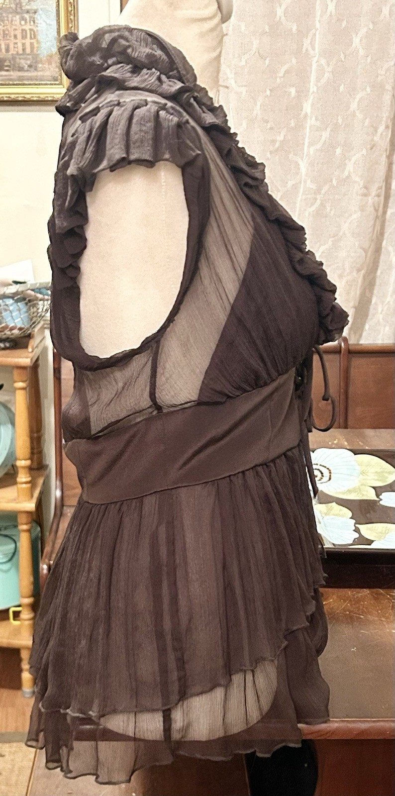 Black Halo – Brown Sheer Ruffle Trim V-Neck Lace Up Waistband Blouse Top – M
