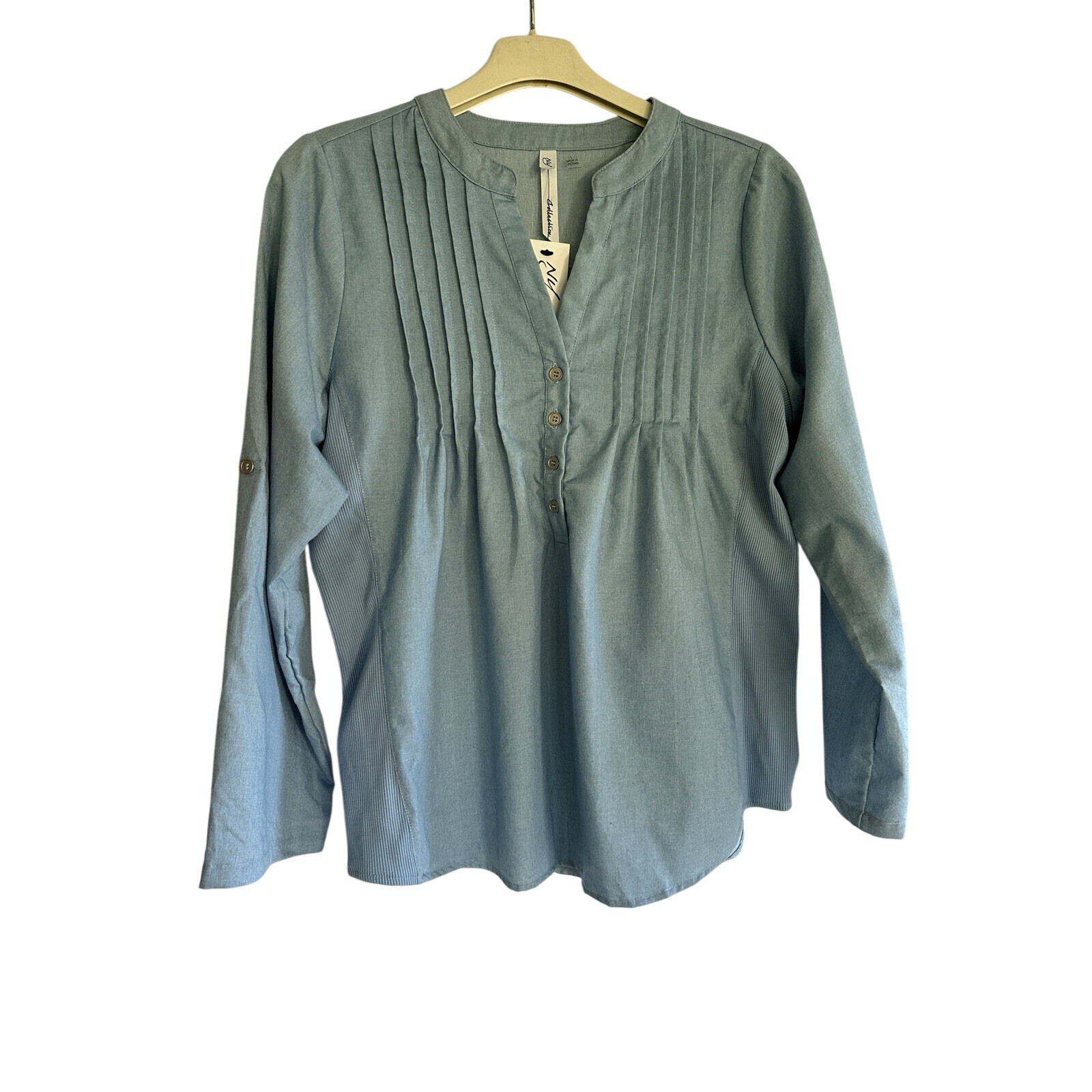 NY Collection New Women’s Size L Pleated Pullover Top Roll-Tab-Sleeve Light Blue
