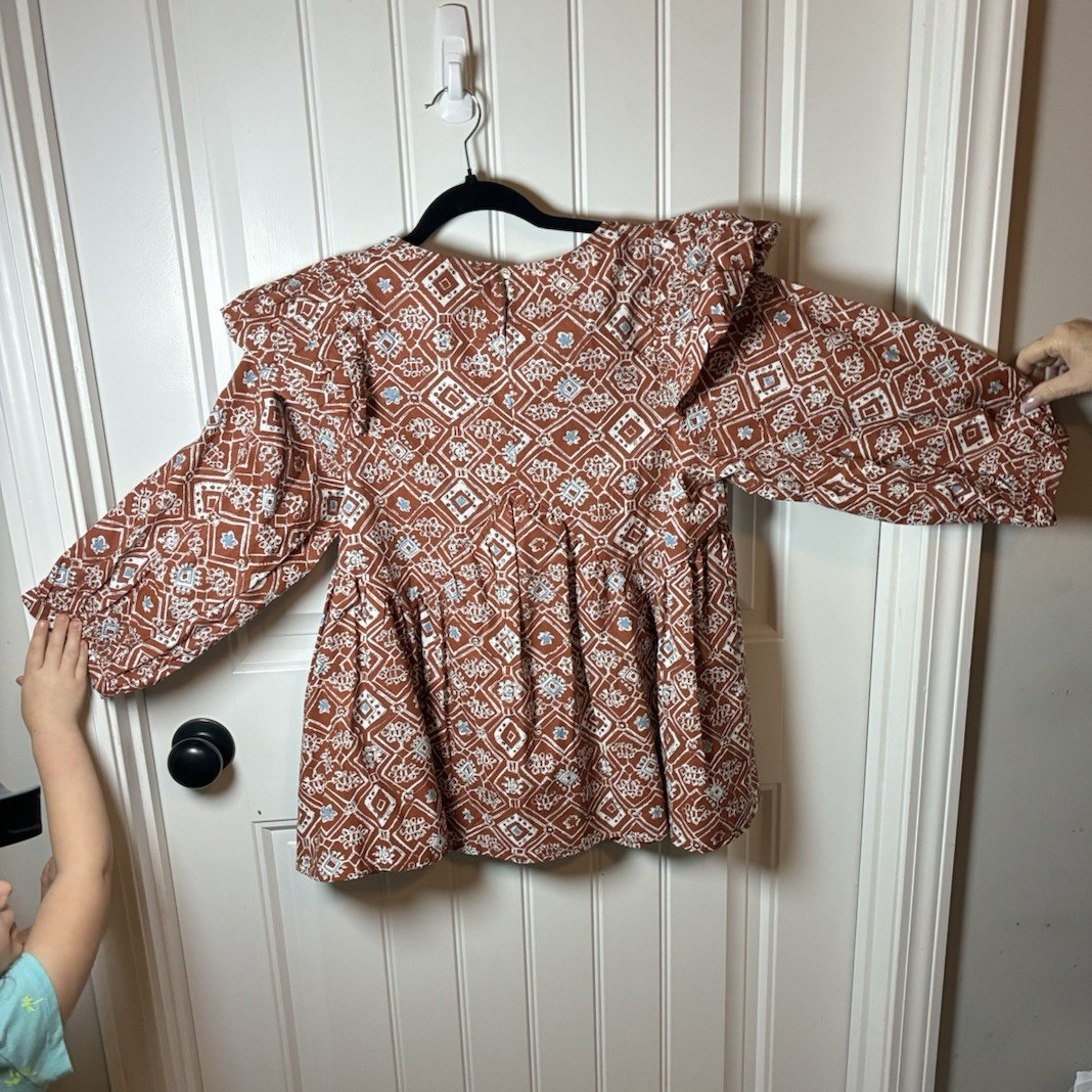 Entro Women’s Brown/White Geometric Square Neck Puff 3/4 Sleeve Peplum S