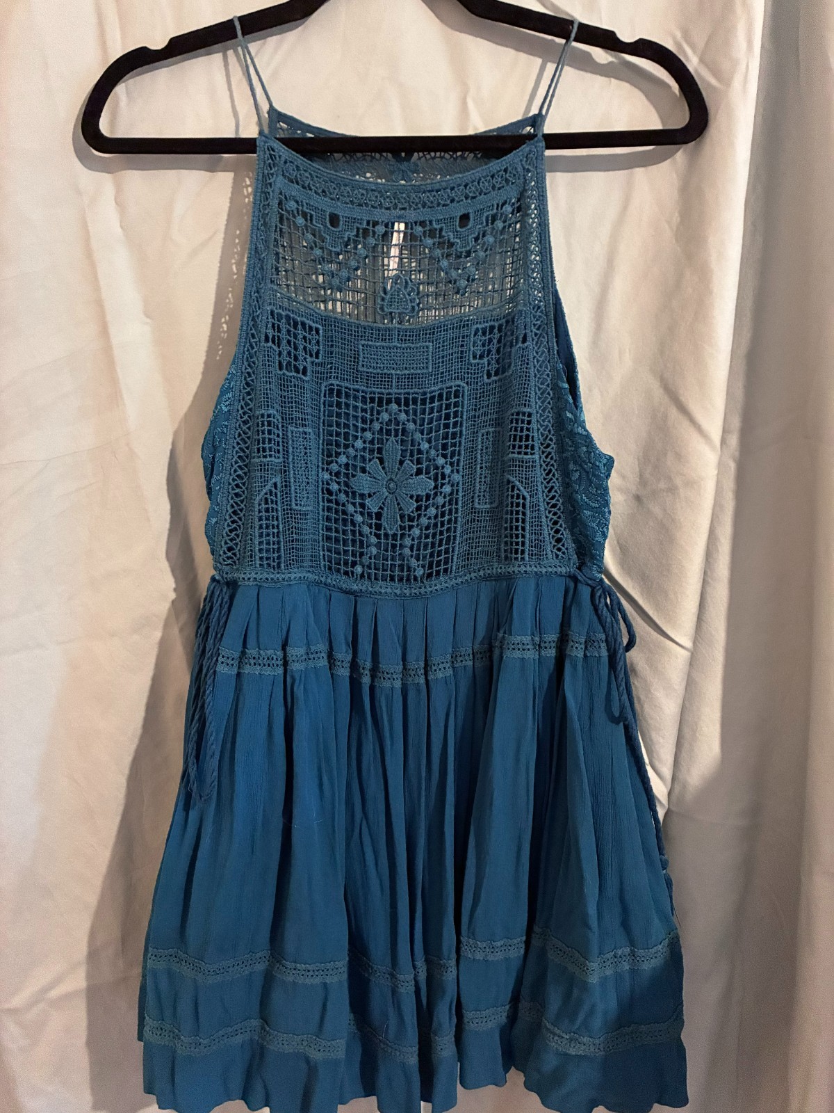 Free People Teal Crocheted spaghetti strap baby doll with flowy bottom size S