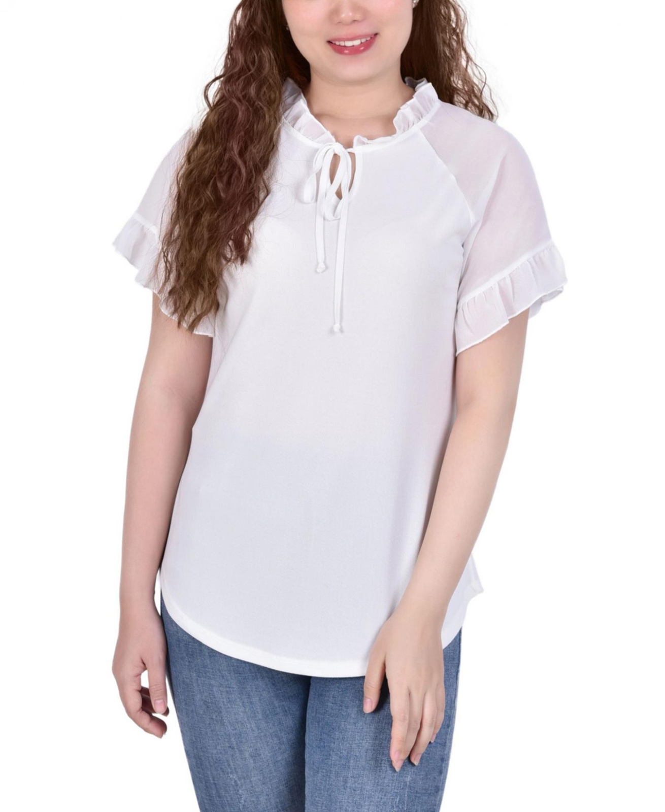ny Collection Petite Chiffon Short Ruffled Sleeve Crepe Knit Top PCKU2470 PL