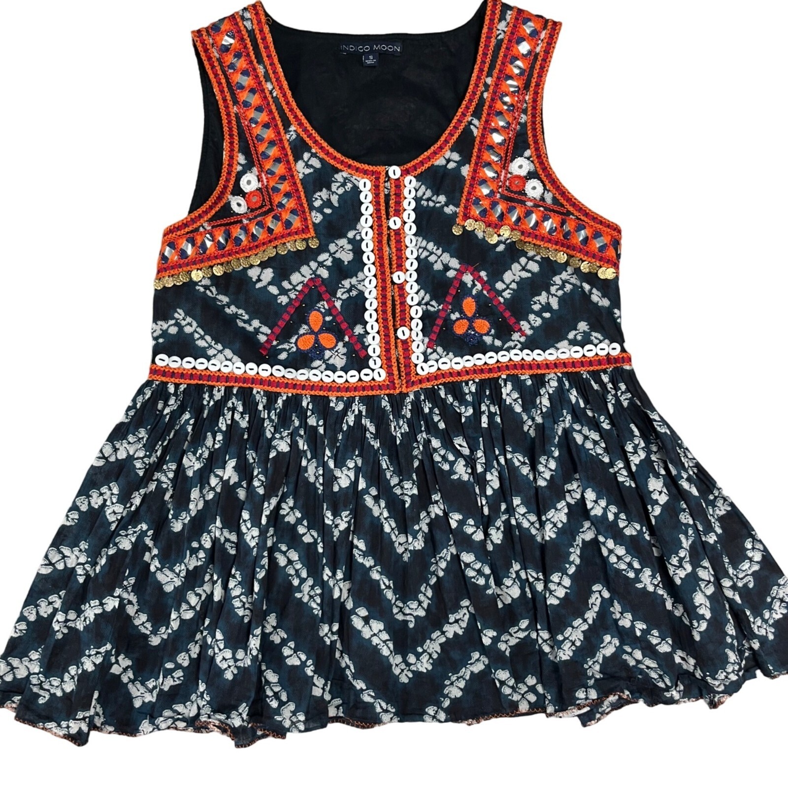 SMALL S Indigo Moon Boho Sleeveless India Print Navy Batik Bangles Mirrors Top