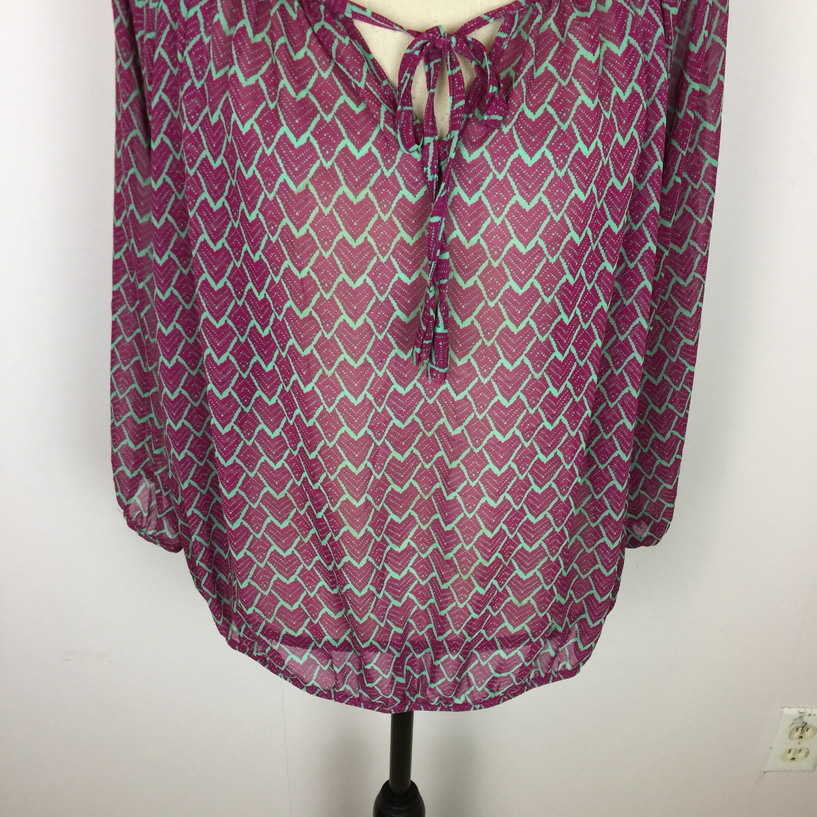 Olivia Moon Peasant Blouse Top XL Womans Purple Heart Print Sheer Elastic Waist