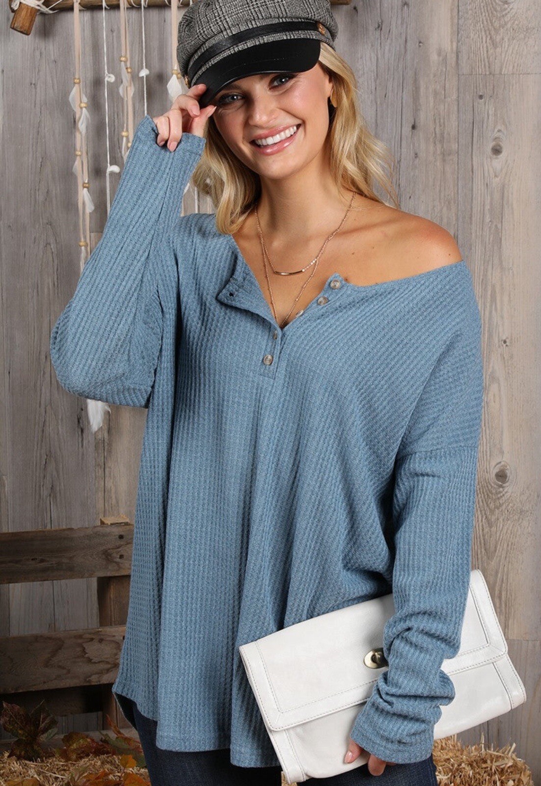NWT Women’s Boutique Waffle Knit Top XL Button Placket Neck Long Sleeve Casual