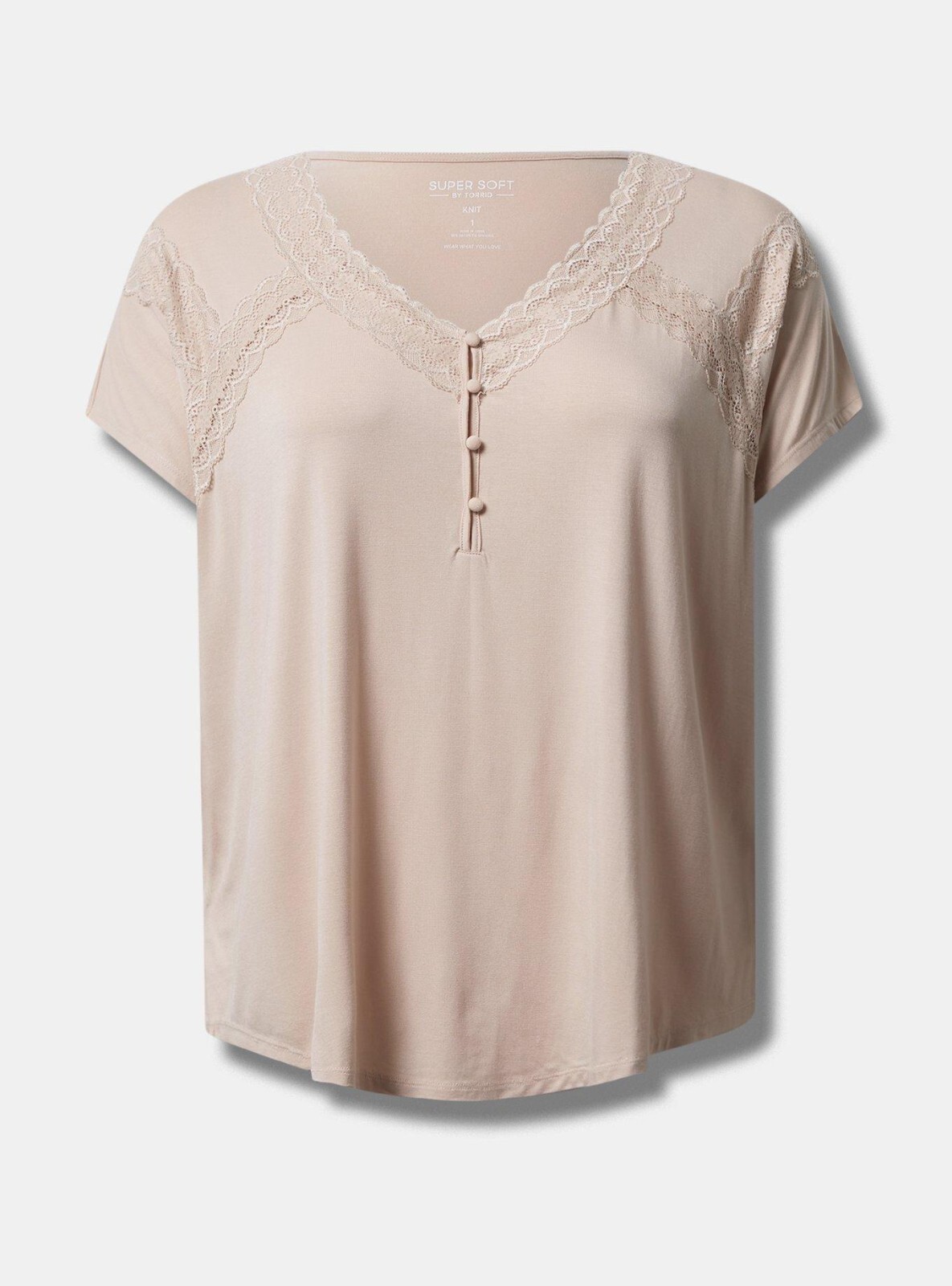 Torrid Super Soft Jersey Dolman Henley Lace Trip Top Tan 2 2X 18 20 #G20134