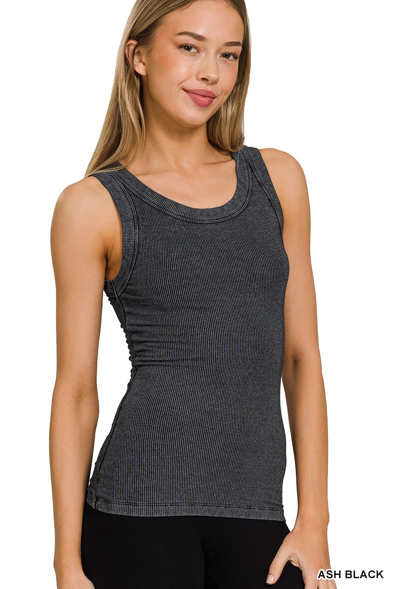 Women’s Stretchy Acid Washed Fabric Ribbed Scoop Neck Tank Top Back Patch