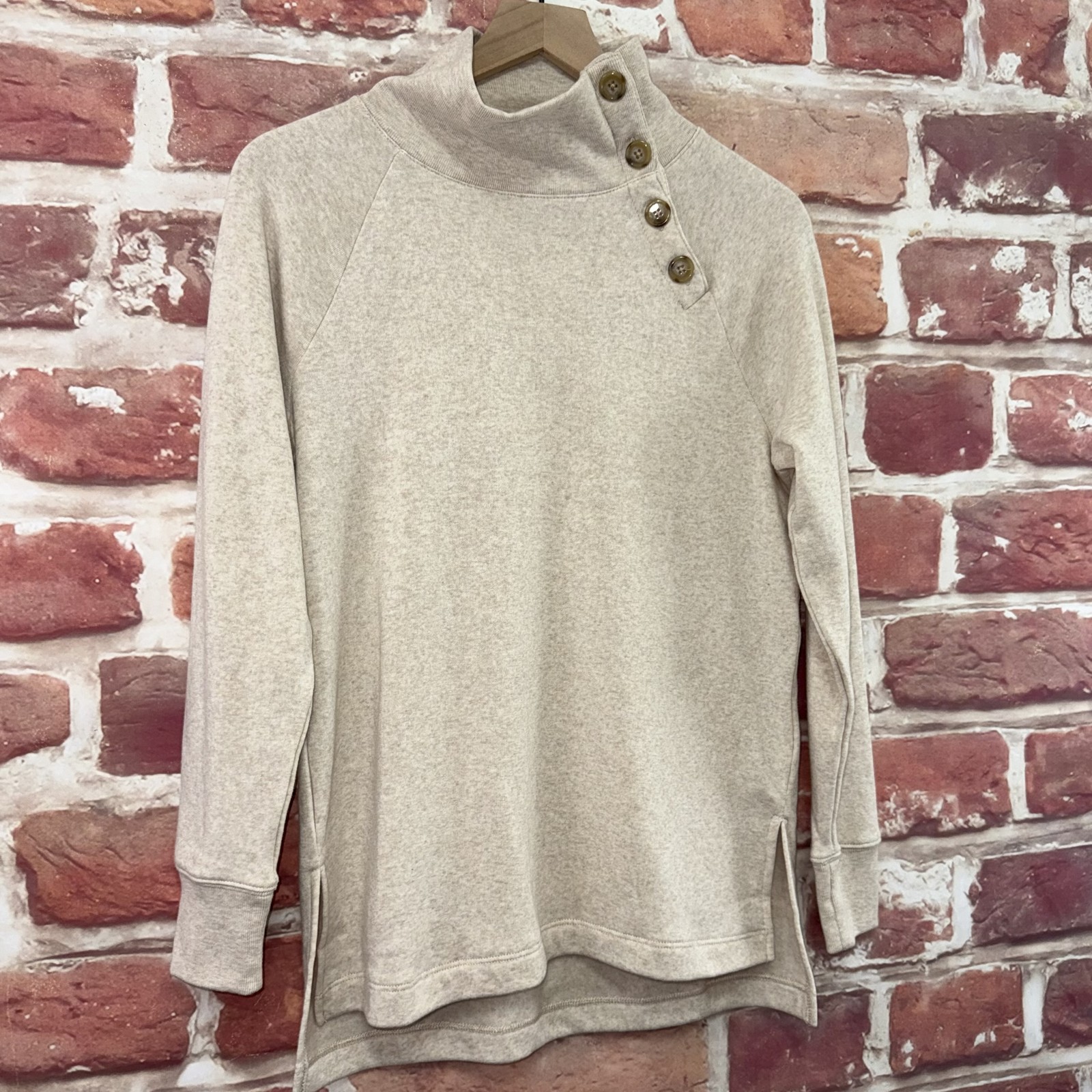 J Crew Top Womens XS Oatmeal Button Mock Neck High Low Knit Popover Shirt