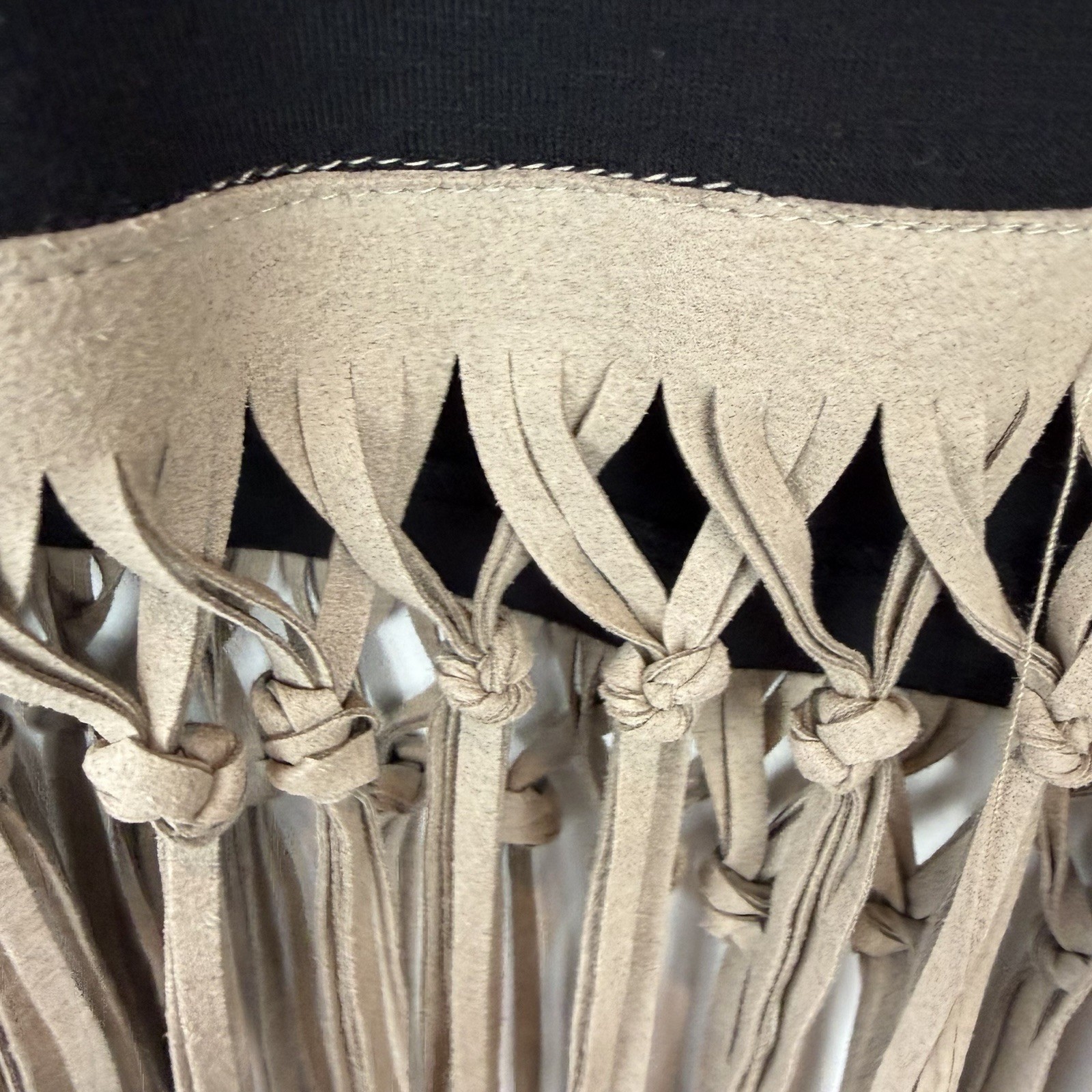 Origami by Vivien Top Womens Medium Black Taupe Suede Fringe Hem Western Boho