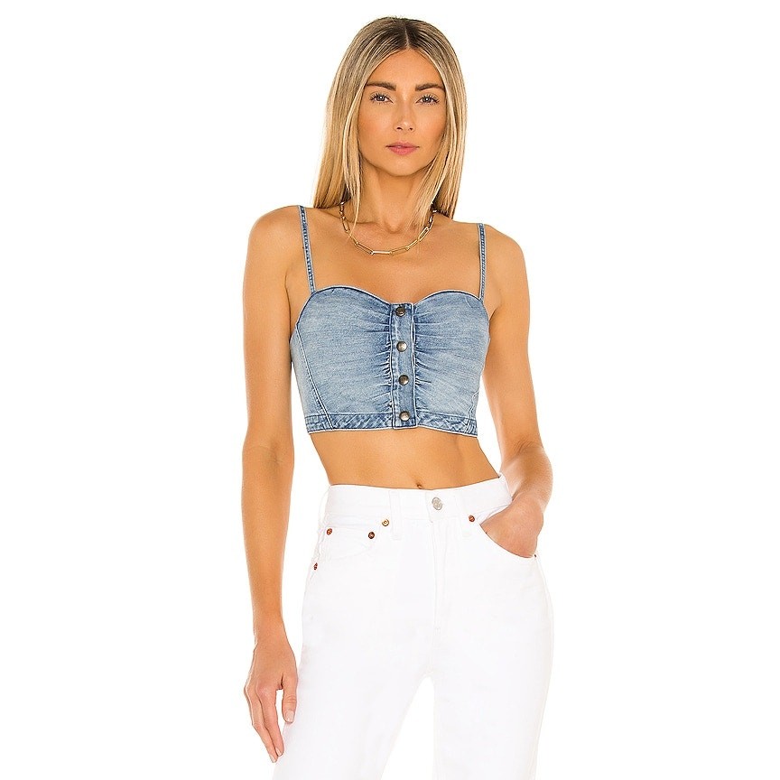 NOAM X REVOLVE Sylvie Bustier Crop Top Snap Button Spaghetti Strap Denim Blue 8