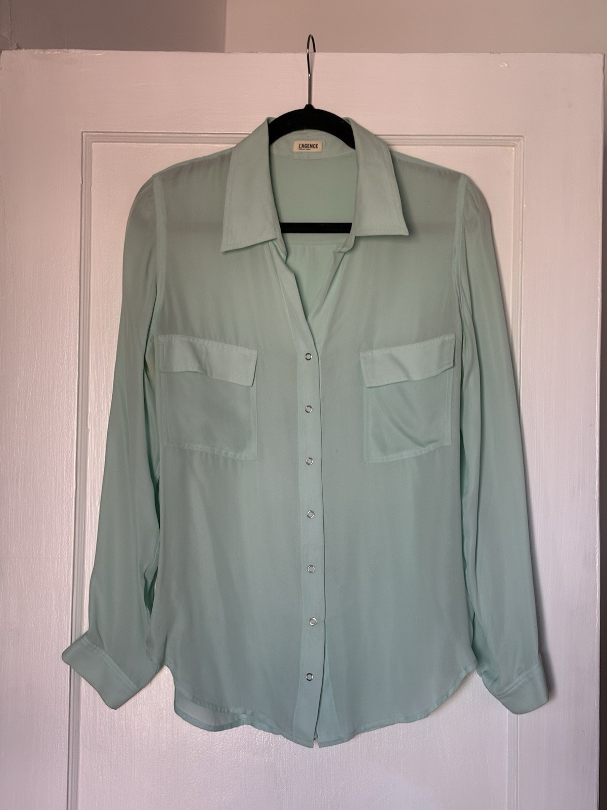 L’AGENCE 100% Silk Chiffon Sleeve Collared Blouse Green Women’s Size L