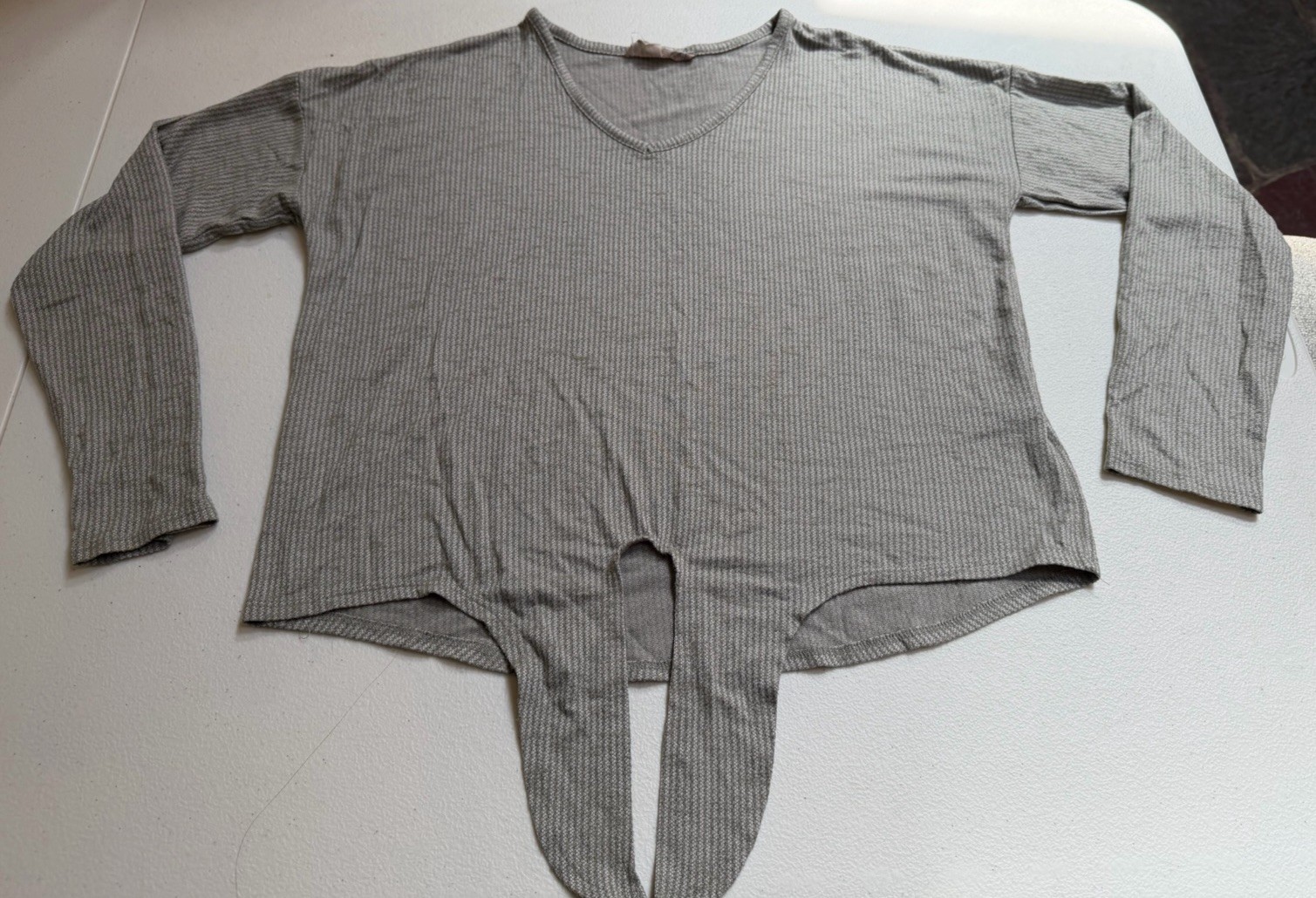 Pink Republic L/S Blouse Top – Tie Front – V-Neck – Olive Green Striped – Size M