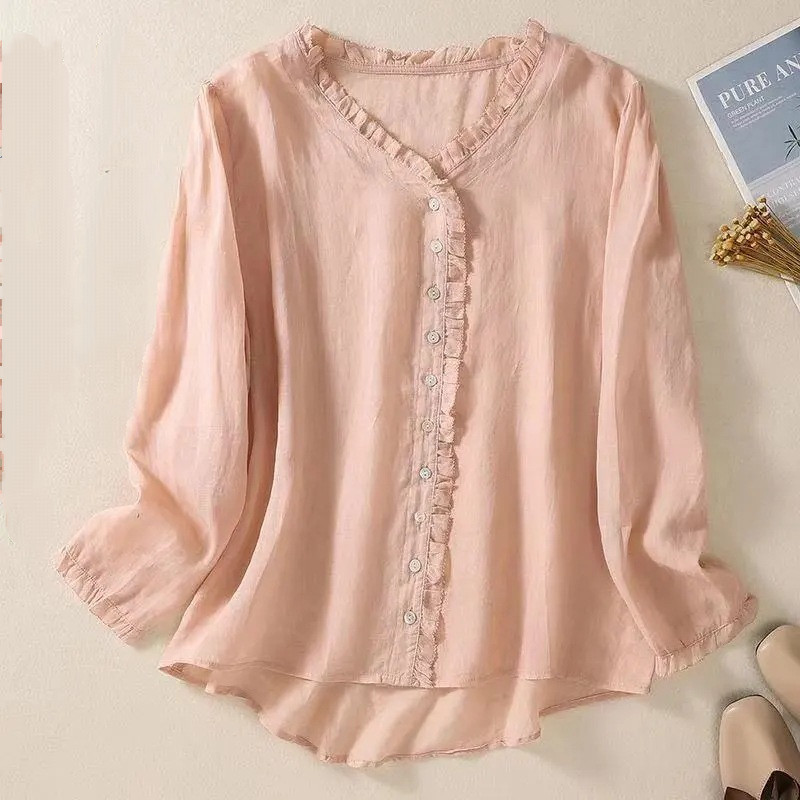 Women’s New Spring Loose V-Neck Wrinkled Sexy Shirt Long-Sleeved Comfortable Top