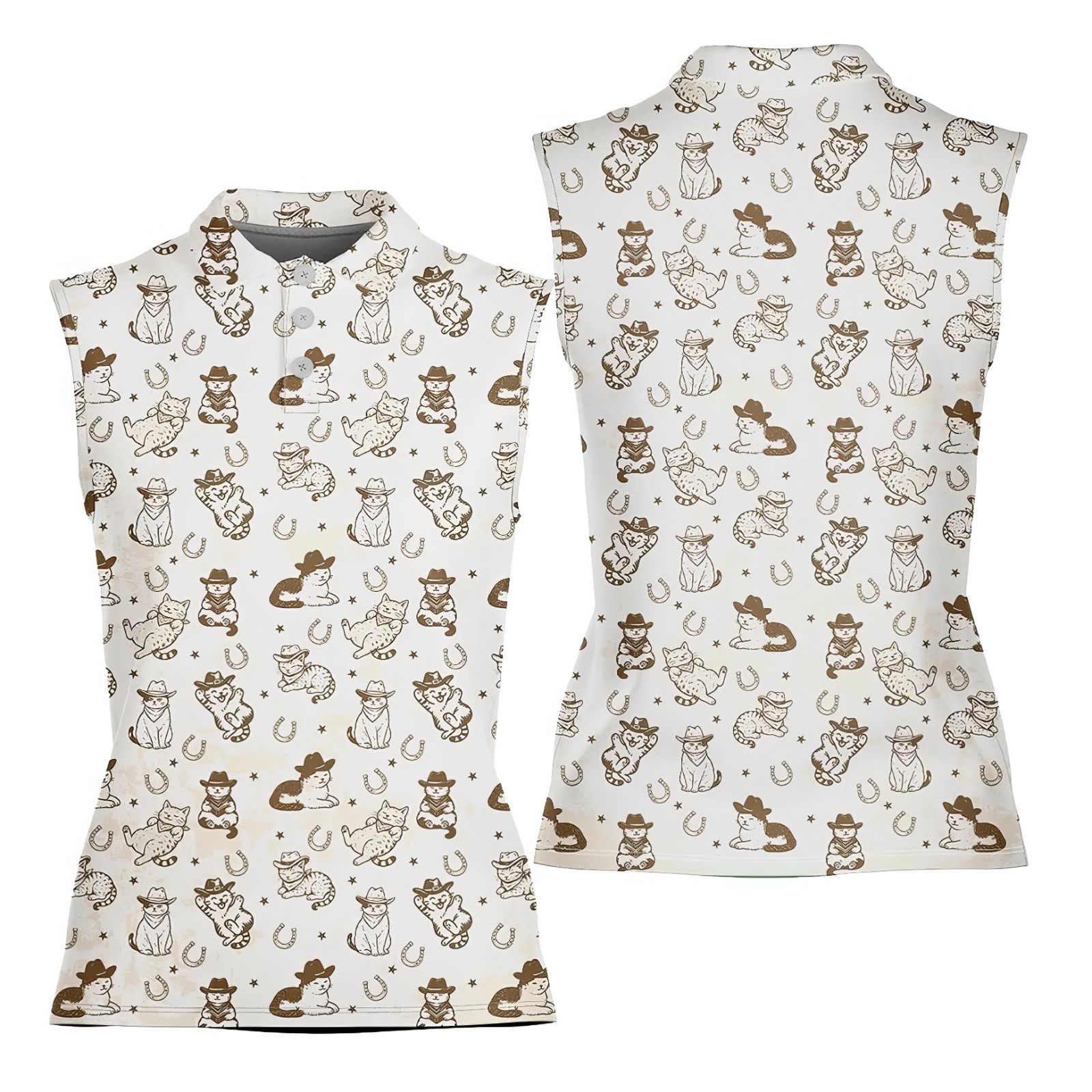 Women’s Sleeveless Golf Polo Cute Cowboy Cat Western Kitty Shirt