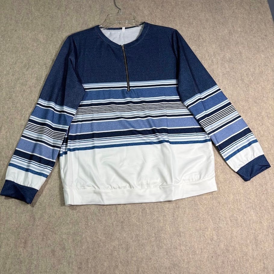 Striped Long Sleeve Quarter Zip Pullover Women M Blue White Polyester Casual Top