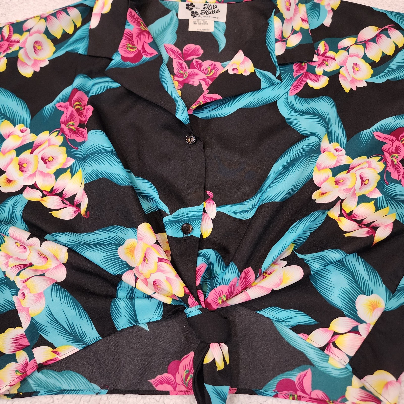 Vintage 90’s Hilo Hattie Cropped Top- Made in Hawaii- Tie Front Tropical XL