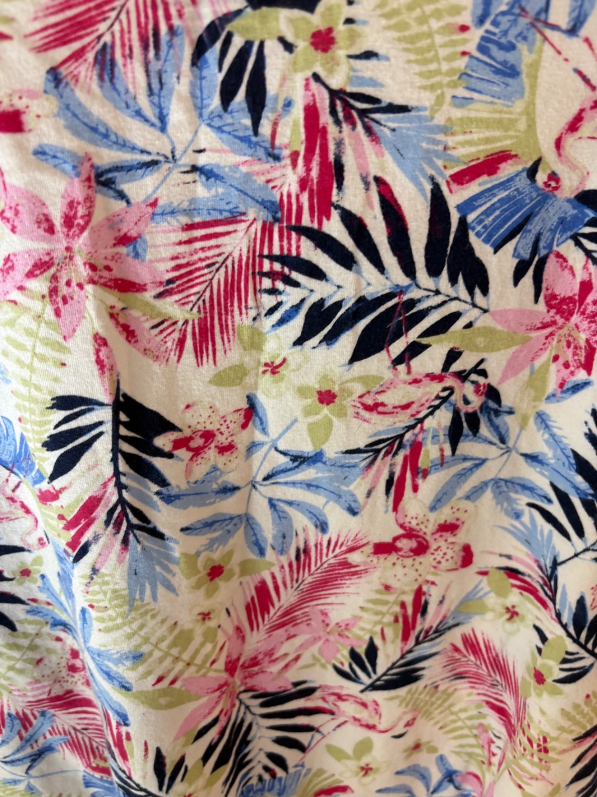 Coral Bay Womens XL Tropical Floral Top Pink Blue Palm Print Cotton Stretch Tee