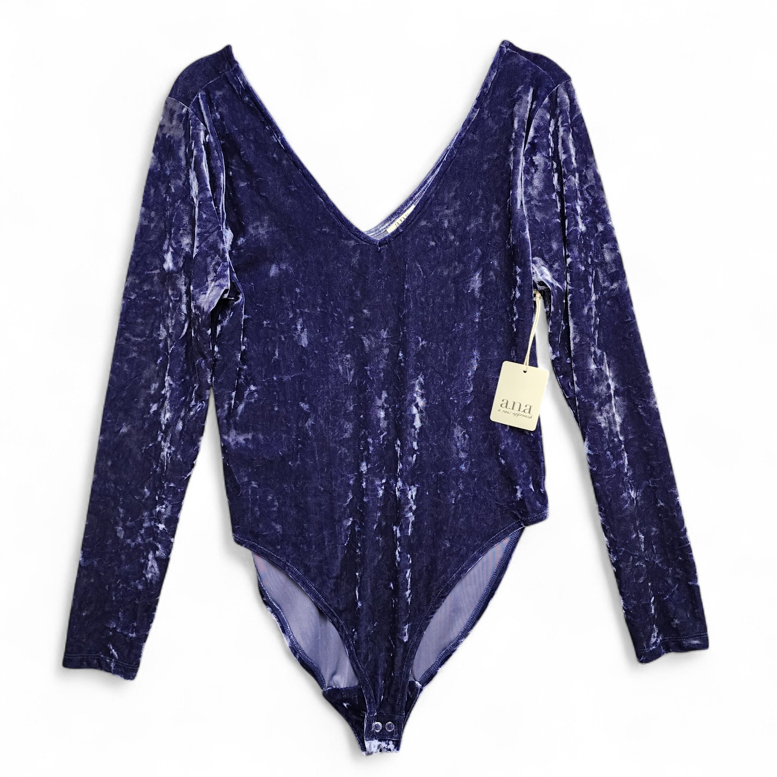 ANA Velvet V Neck Long Sleeve Bodysuit Womens Large Blue Sapphire NEW w/ Tag