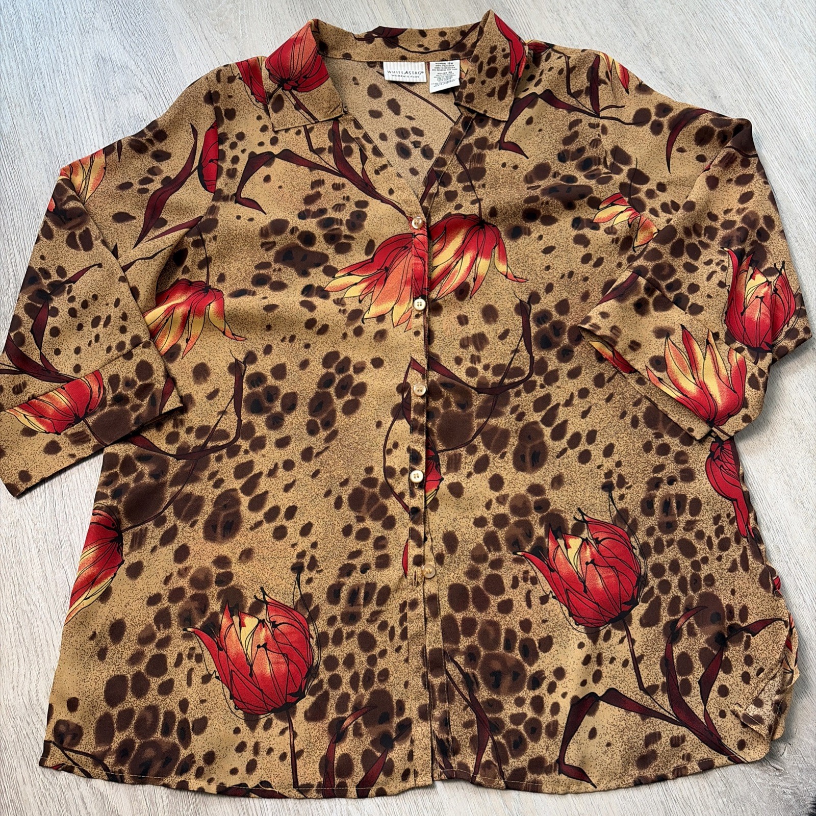 Vintage White Stag Women’s Top 16w Floral Brown Orange Tan