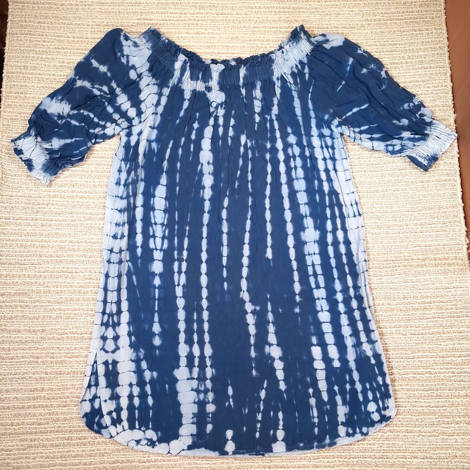 Style Envy Womens Blue White Tie Dye Off Shoulder Tunic Top Dress Sz Large India