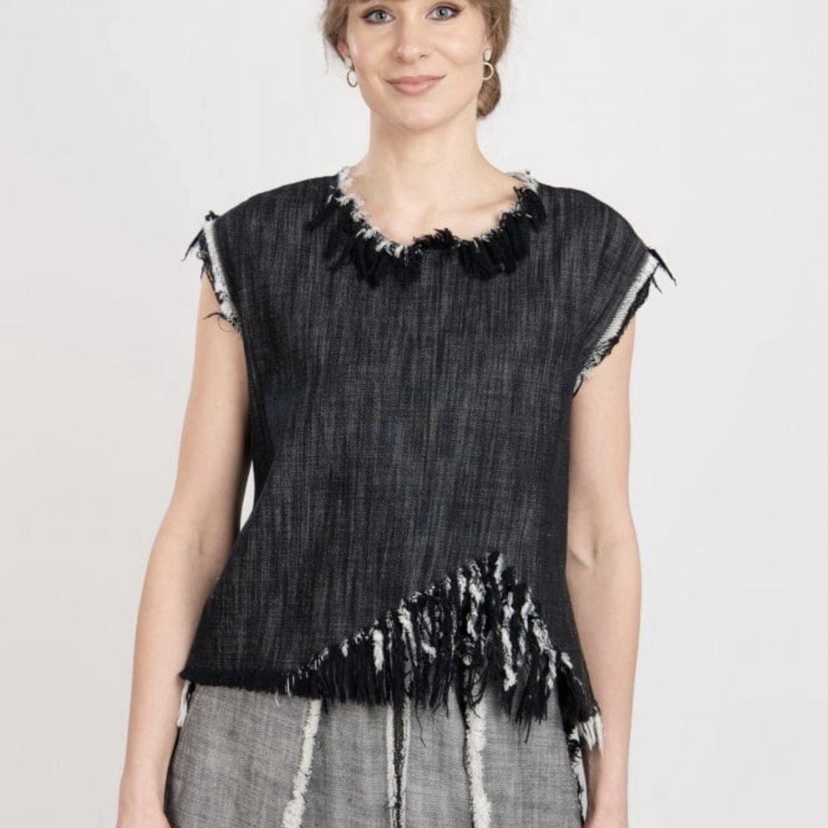 LA VACA LOCA Greece Black Faceta Fringe Denim Top Avant Garde Lagenlook XS