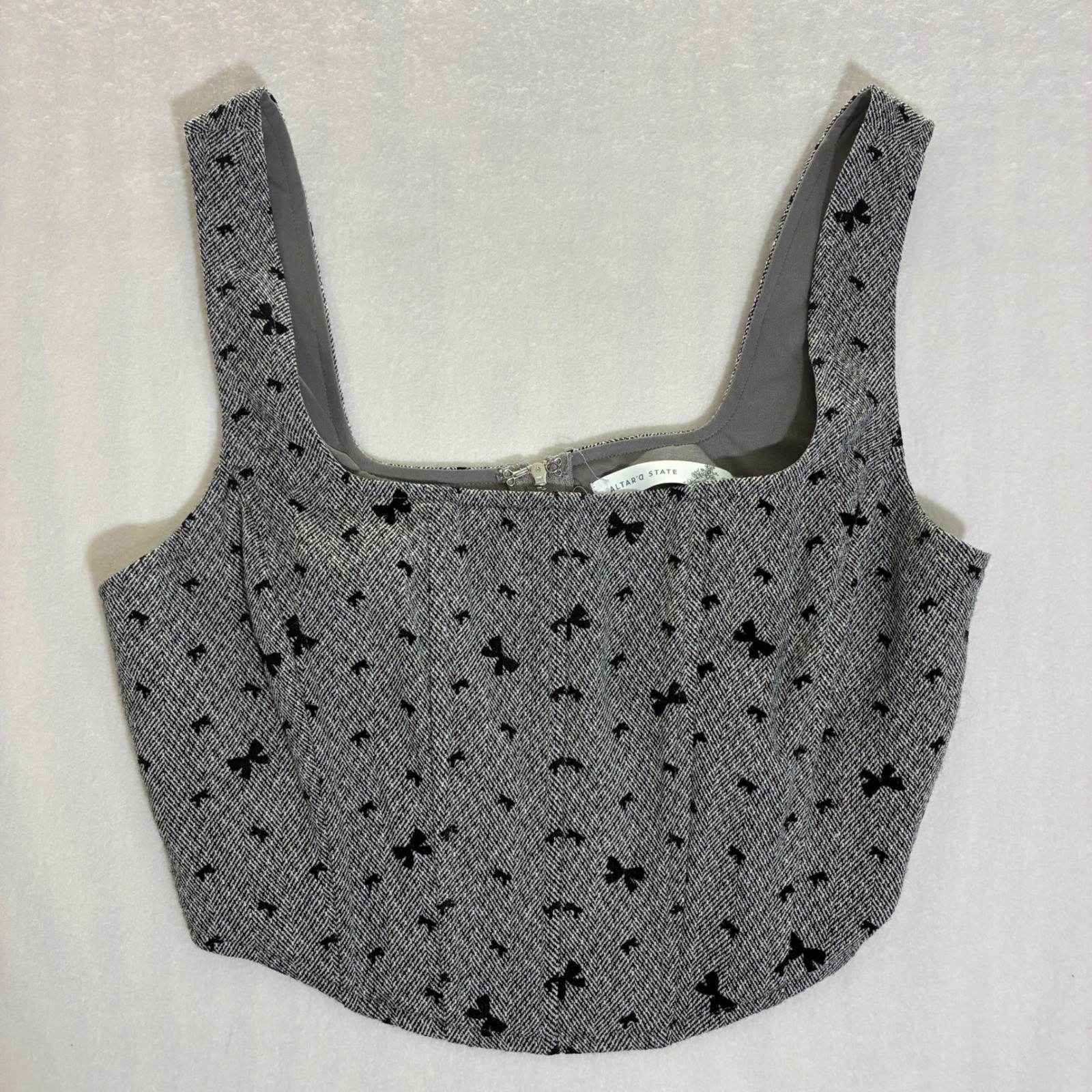 Altar’d State Women’s Medium Gray Tweed Corset Crop Top Bow Detail Sleeveless
