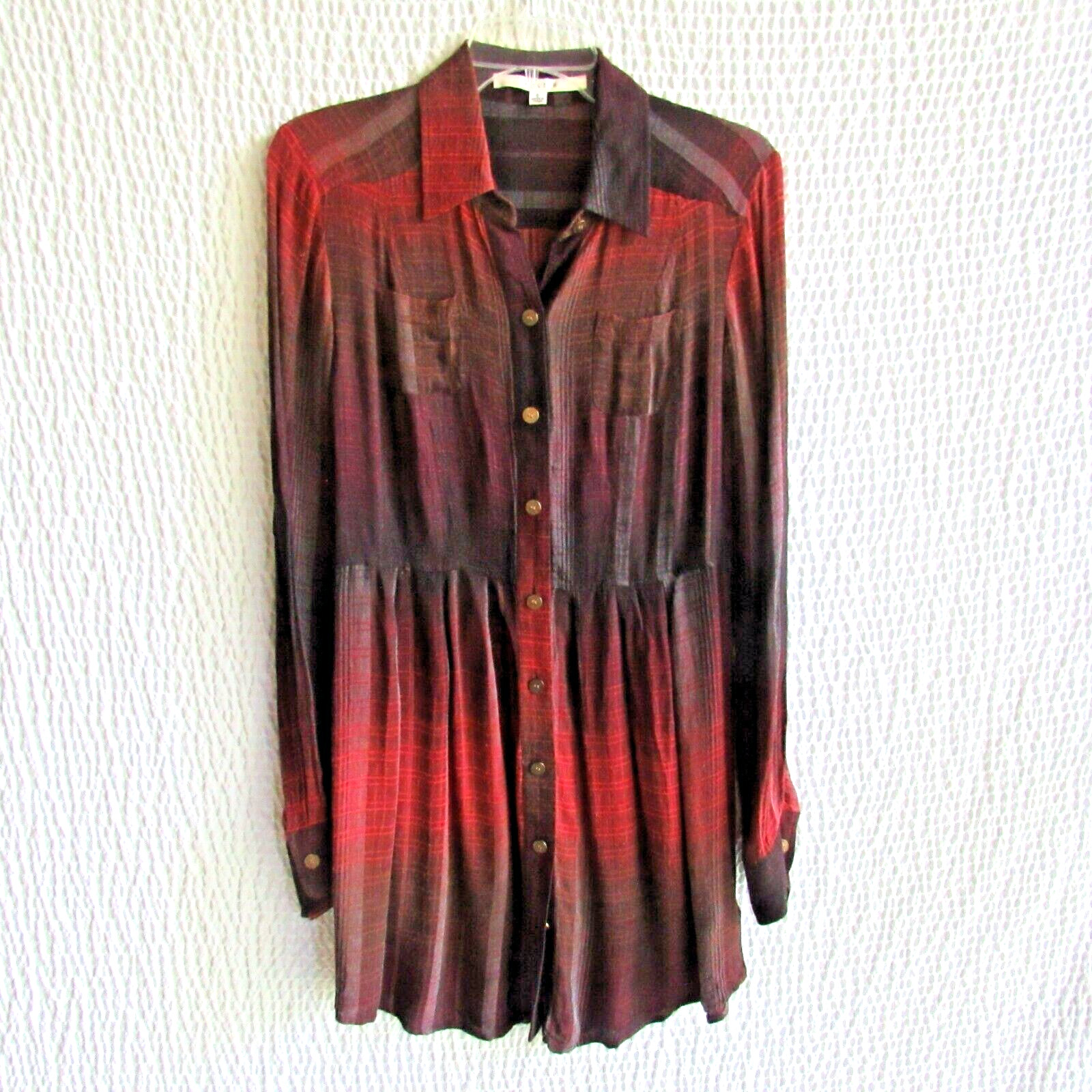 Colorful Tunic Top Shirt Dress 8 M Burgundy Maroon Gray Long Sleeve Walter