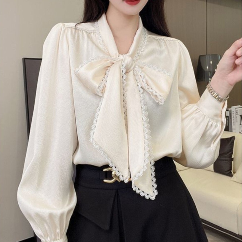Women Bow Blouse Shirts Faux Silk Satin Tops T-shirts Lace Ribbon Retro Black