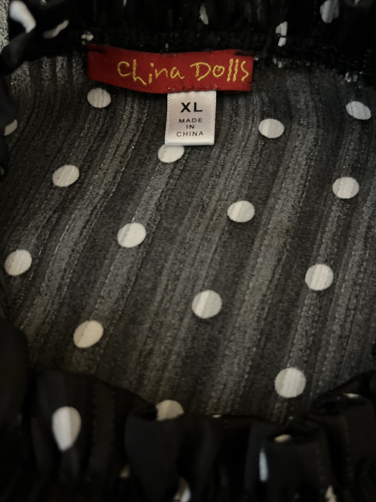 China Dolls~Short Puffed Sleeve Black & White Polka Dots~HighNeck Blouse Size XL