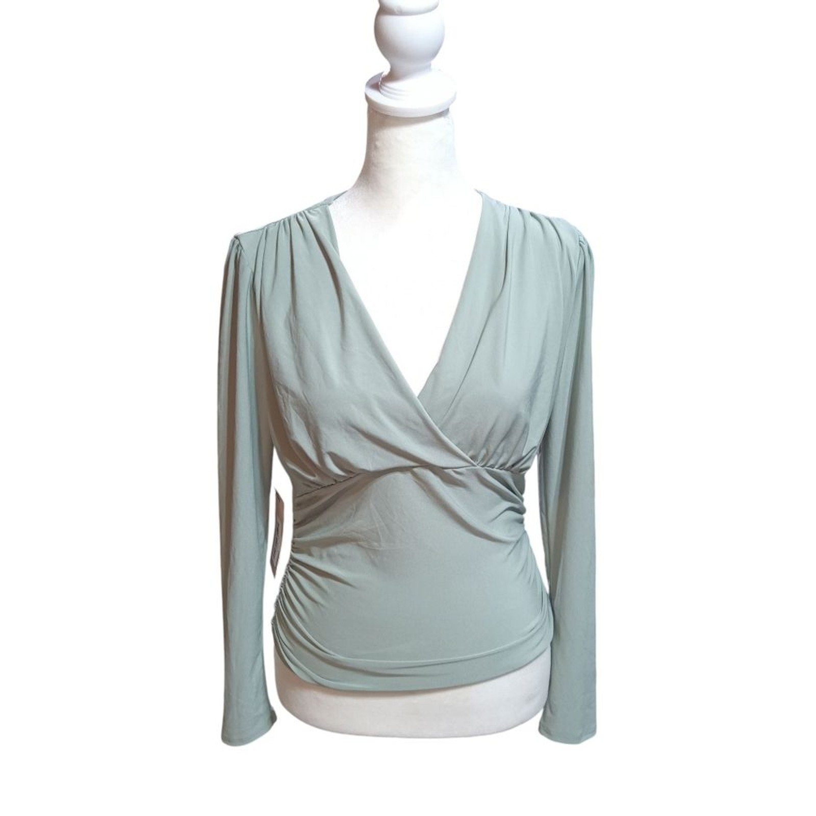 NWT Mynta Elegant Blouson Blouse in Light Green Women’s S Petite Faux Wrap Top