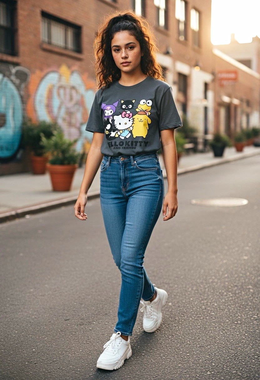 Sanrio Hello Kitty Juniors M Gray Graphic Print Crew Neck Short Sleeve Tee