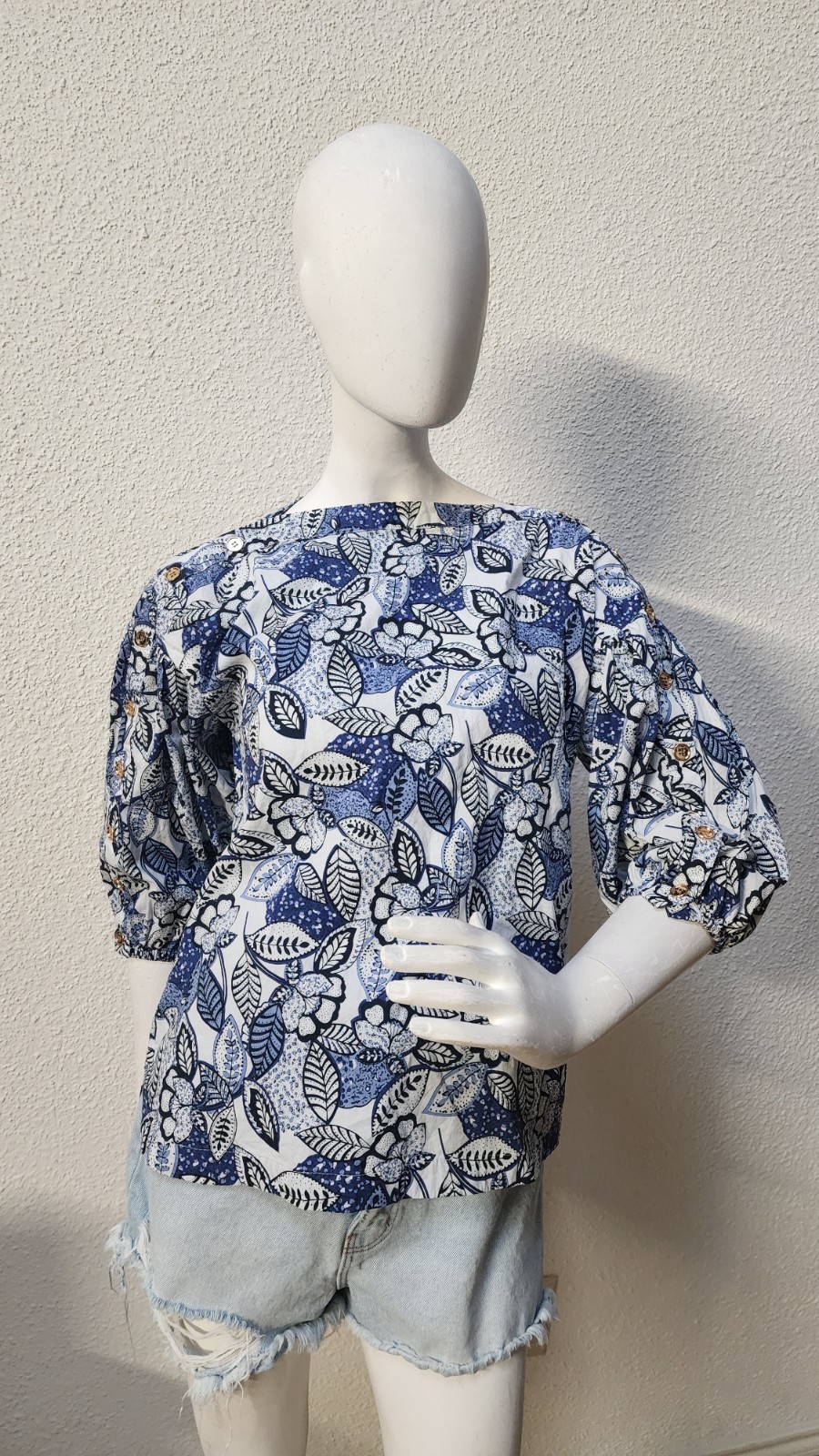 Buru Blue Floral Puff Sleeve Blouse Size S