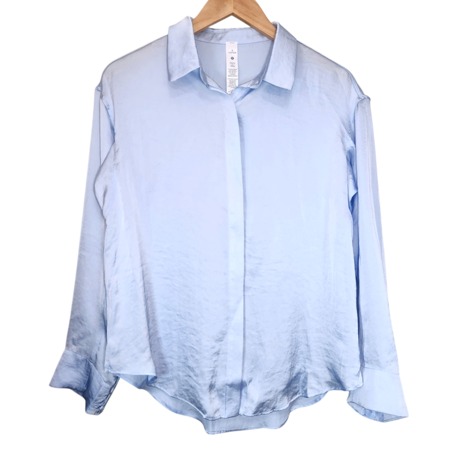 Lululemon Logo Charm Women’s Satin Collar Shirt Asia Fit Light Blue Career Wear