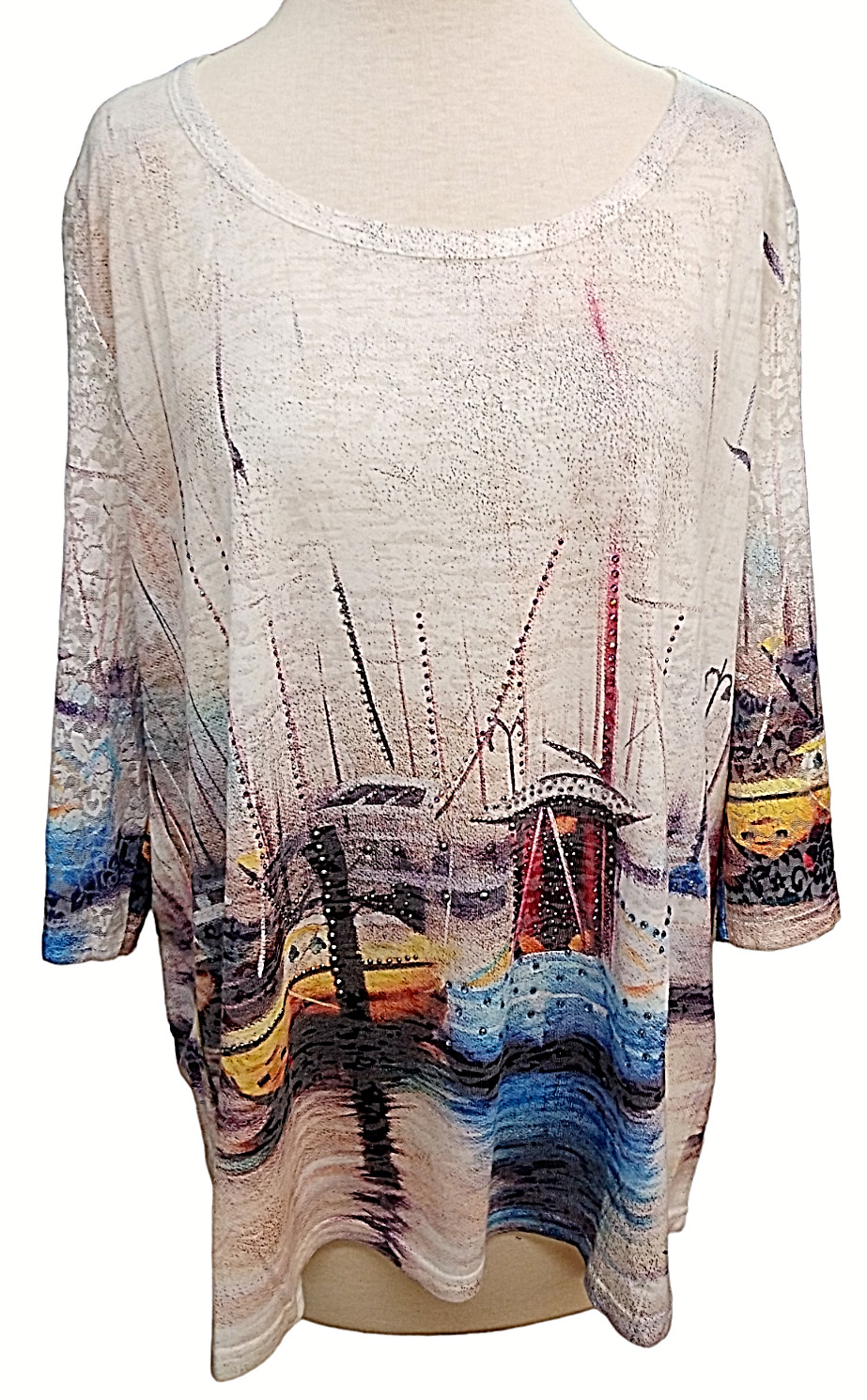 Zuriet Blouse Women’s L/XL Plus Blue Cream 3/4 Lace Sleeve Rhinestone Boat New